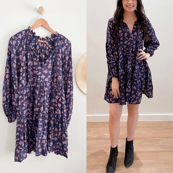 Oliphant Balloon Sleeve Dress Leopard Navy Size Small - Picture 1 of 10